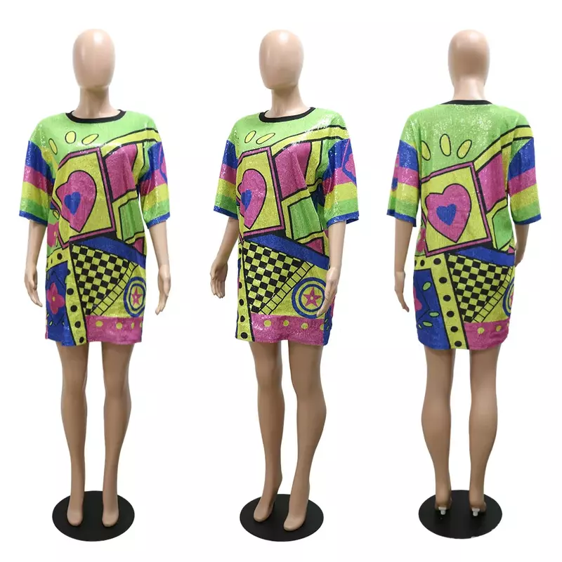 Разноцветные блестящие мини-платья в клетку с сердечками, футболка с блестками, свободное платье с рукавом до локтя, разноцветная модель, ночная Клубная одежда