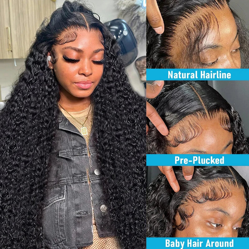 Curly Lace Frontal Wig, Água Deep Wave Cabelo Humano, Glueless Wig, 250 Densidade, 13x6 HD, 30 in, 40 in, 13x4