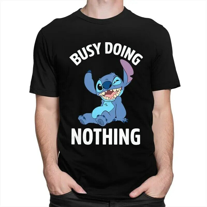 Stitch Anime T Shirts for Men Cotton Tees Busy Doing Nothing Tshirt Short Sleeve Printed T-shirt Clothes