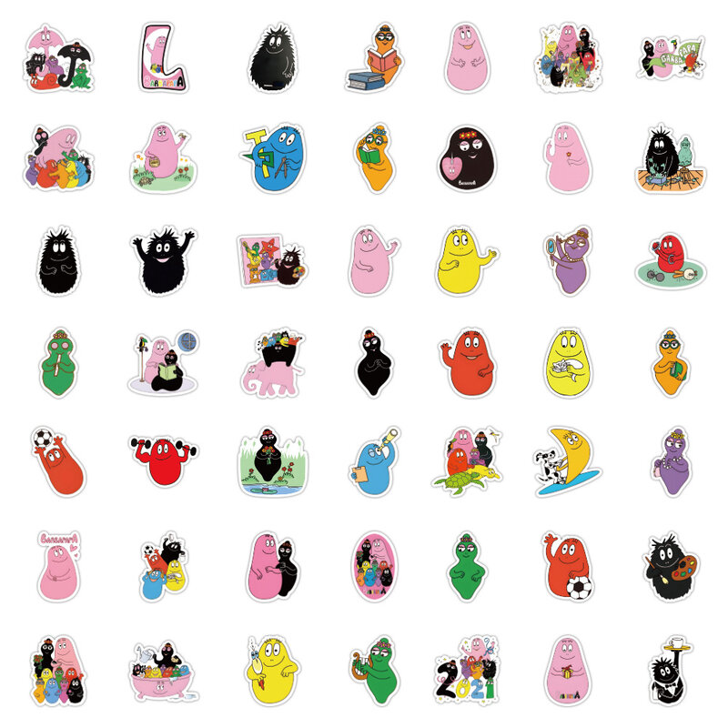 Barbapapa Animation Stickers, Ornamento, Skate, Guitarra, Mala, Congelador, Motocicleta, Decalque de brinquedo clássico, 50pcs
