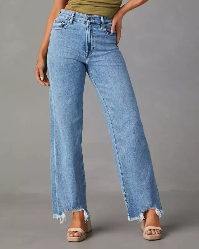 Pantaloni dritti in Denim da donna cerniera Fly nappa Jeans lavaggio tasche larghe Basics Simple Spring 2024 light Strech Solid