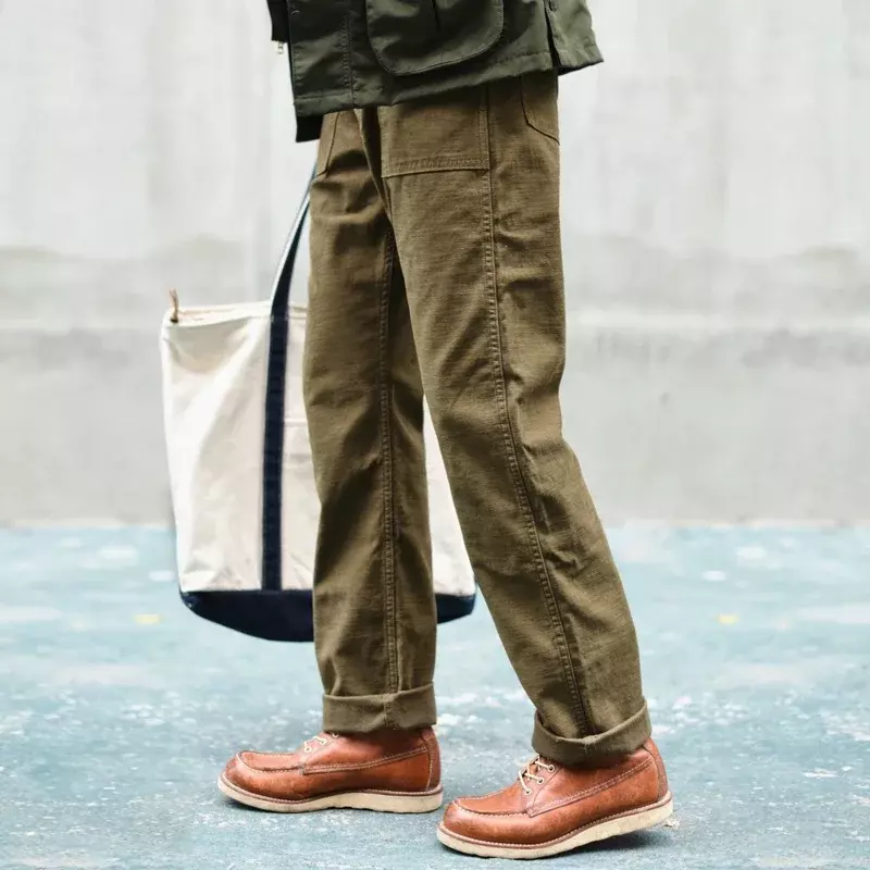 CeaissZhan OGknit-Pantalon Cargo Classique en Satin de Coton pour Homme, Coupe Droite, Style Militaire, Olive