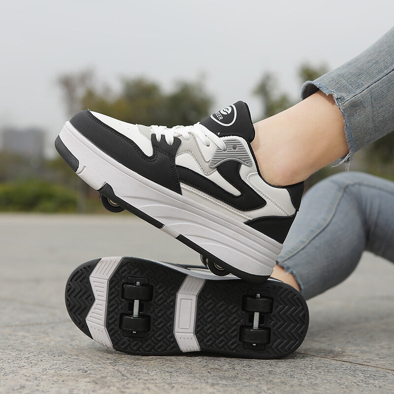 รองเท้าโรลเลอร์หนัง PU สำหรับเด็ก, ใหม่สี่ล้อรองเท้าแฟชั่น sepatu kets anak Laki-Laki ระบายอากาศได้ดีรองเท้าสเก็ตสำหรับเด็กขนาด30-40