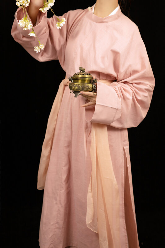 Vintage chinês Hanfu Slub Robe, vestido Midi gola redonda, estilo longo quimono Tang Dynasty, algodão e linho, verão