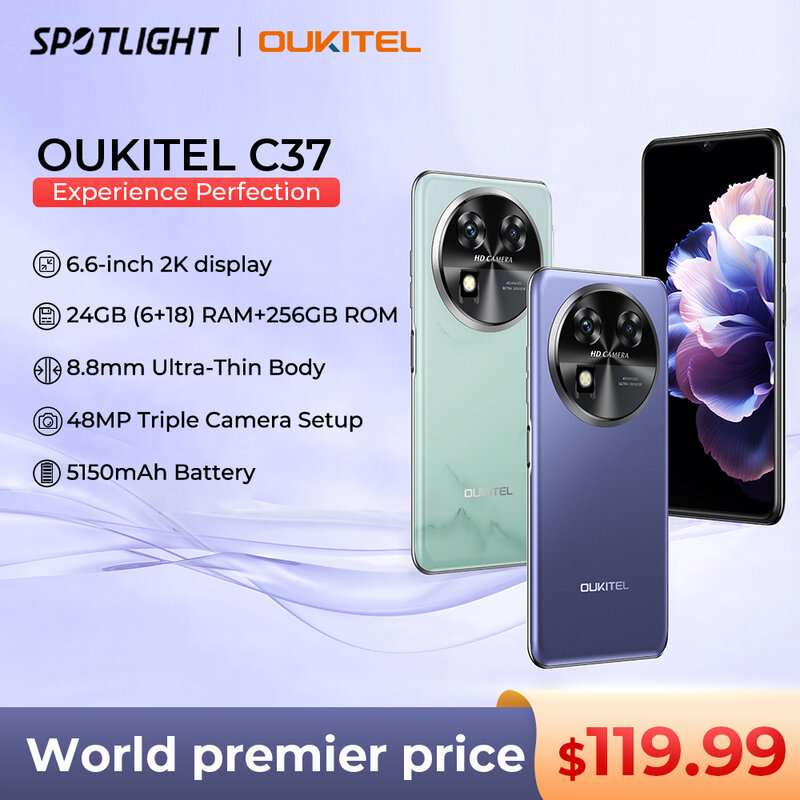 OUKITEL C37 Smartphone, Celular, Telefone Celular, 6.6 ", FHD +, 5150 mAh, 6GB + 256GB, 48MP, Android 13, Estreia Mundial