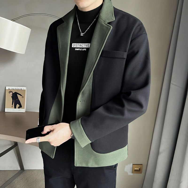 Jaket 2-A21 2023 musim semi dan musim gugur Blazer kasual merek trendi baru pria Korea Srendy Splicing warna kontras atasan