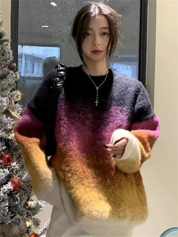 Japanese Lazy Style Design Color Gradient Mohair Sweater Women's 2024 Autumn/Winter New Thickened Mid Length Pullover Sweater
