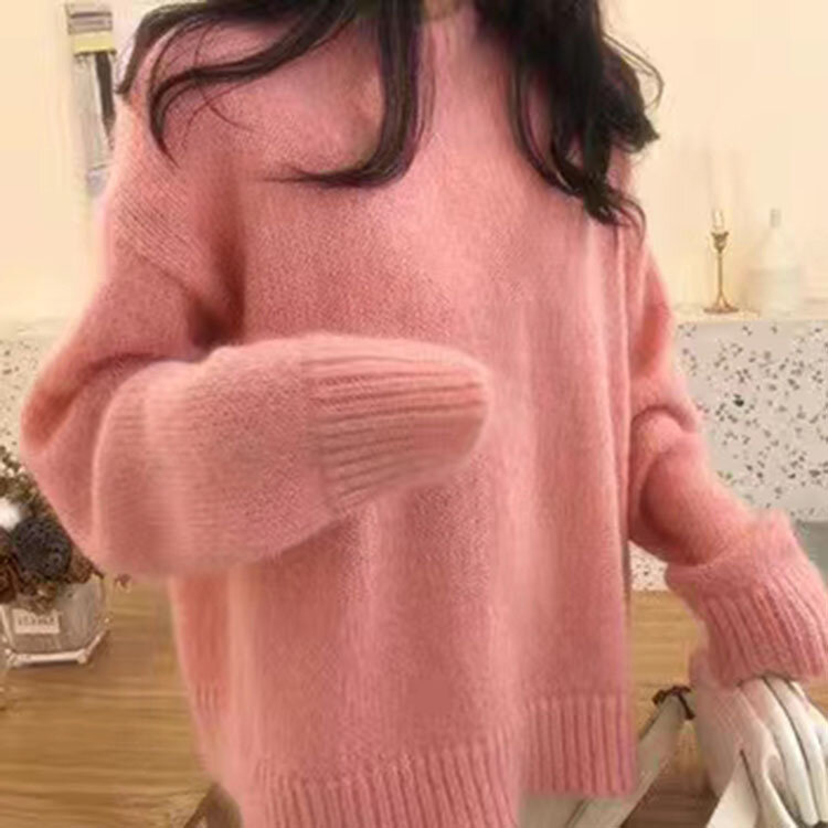 Koreański solidny miękki sweter leniwy na jesień i zimę nowy luźny grube przeszycie z okrągłym dekoltem do swetra dla kobiet ciepłe luźny pulower