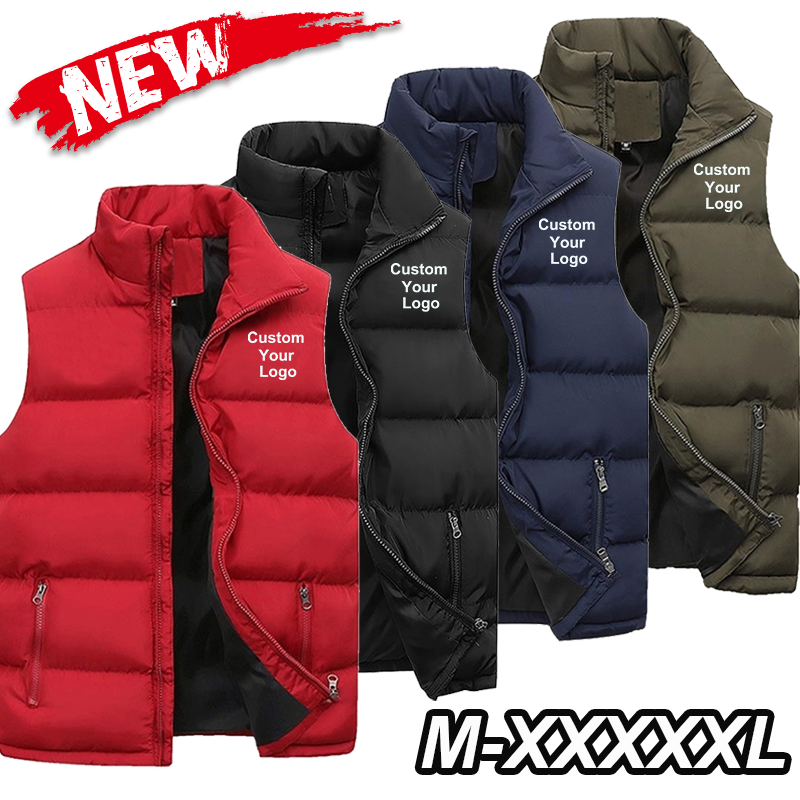 Fashion Men's Custom Your Logo  Casual Jacket Fashionable Warm Down Vest Slim Fit Sleeveless Thicken Stand Collar Vest Jacket