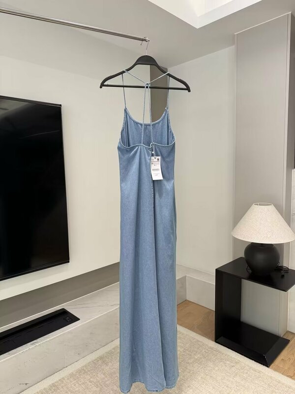 Новинка 2024, шикарное модное женское длинное платье на бретельках из джинсовой ткани, женское платье без рукавов в стиле ретро, женские платья