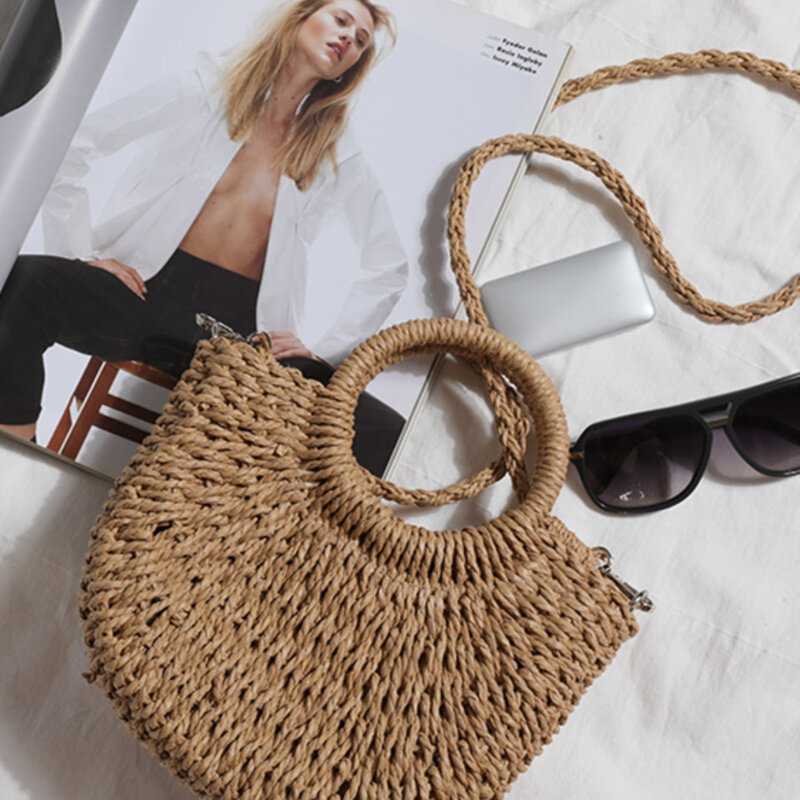 Bolsa de praia tecida com alça de anel, perfeita para carteira de férias de verão para mulheres de meia idade, clássica