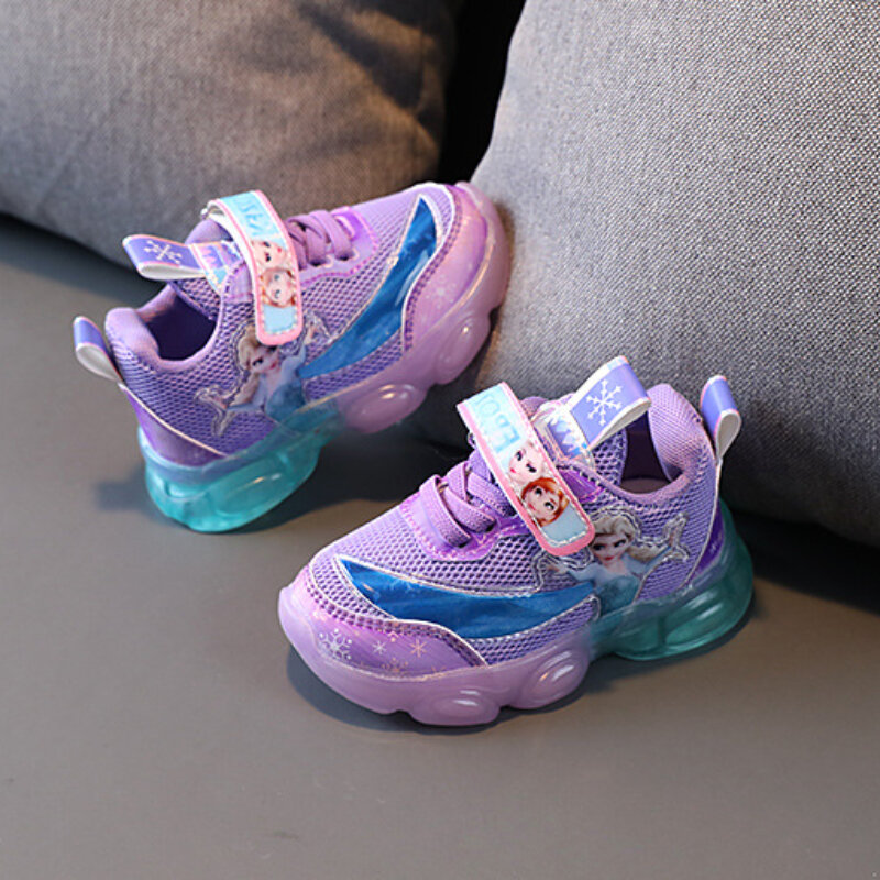 Disney Girls' Shoes Mesh Breathable LED Light Children's Sports Shoes Children's Soft Sole Casual Pink Purple Shoes Size 21-30