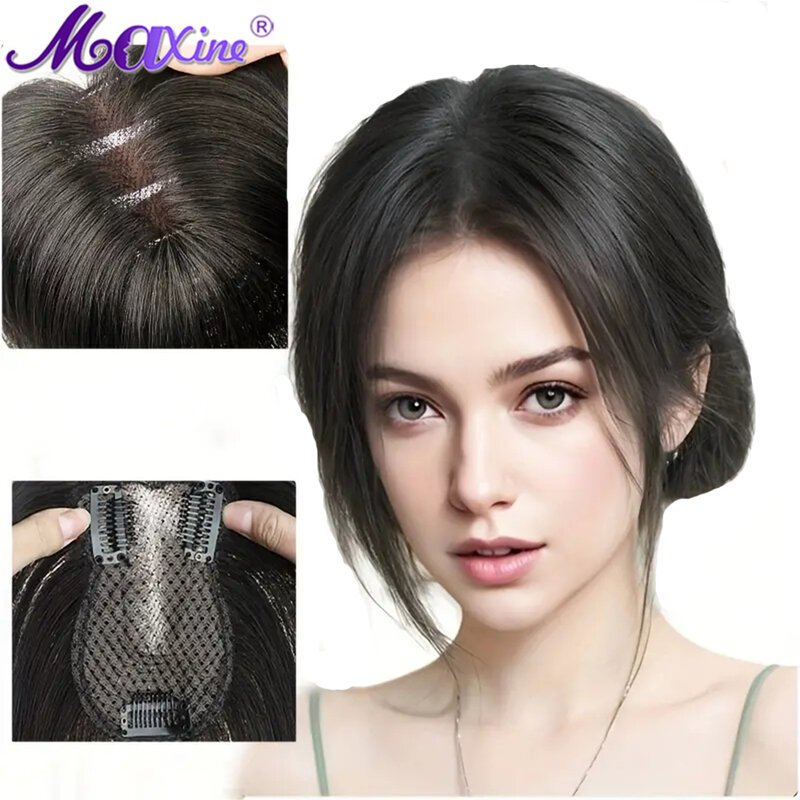 Maxine-Topper avec frange de cheveux, extensions de cheveux humains à clipser, aspect naturel, accessoires de cheveux, utilisation 03