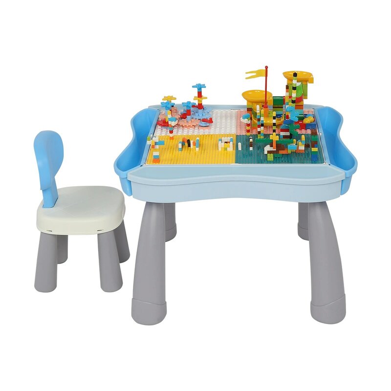 Kids Multi Activity Table Chair Set Include 1 Table + 1 Chair with Storage Area&300PCS Building Blocks Colorful[US-Stock]