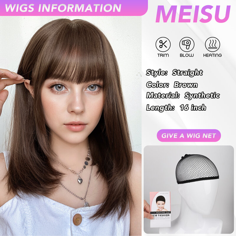 Meisu 16 Inch Bruine Rechte Pony Pruik Vezel Synthetische Pruik Hittebestendige Non-Glare Natuurlijke Cosplay Haarstuk Voor Vrouwen Dagelijks Gebruik