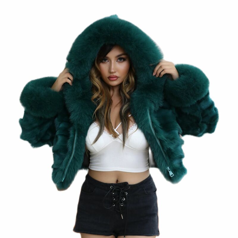 JANEFUR-casaco curto de pele real com capuz para mulheres, jaqueta natural de pele raposa, moda luxuosa, inverno, plus size, 2023
