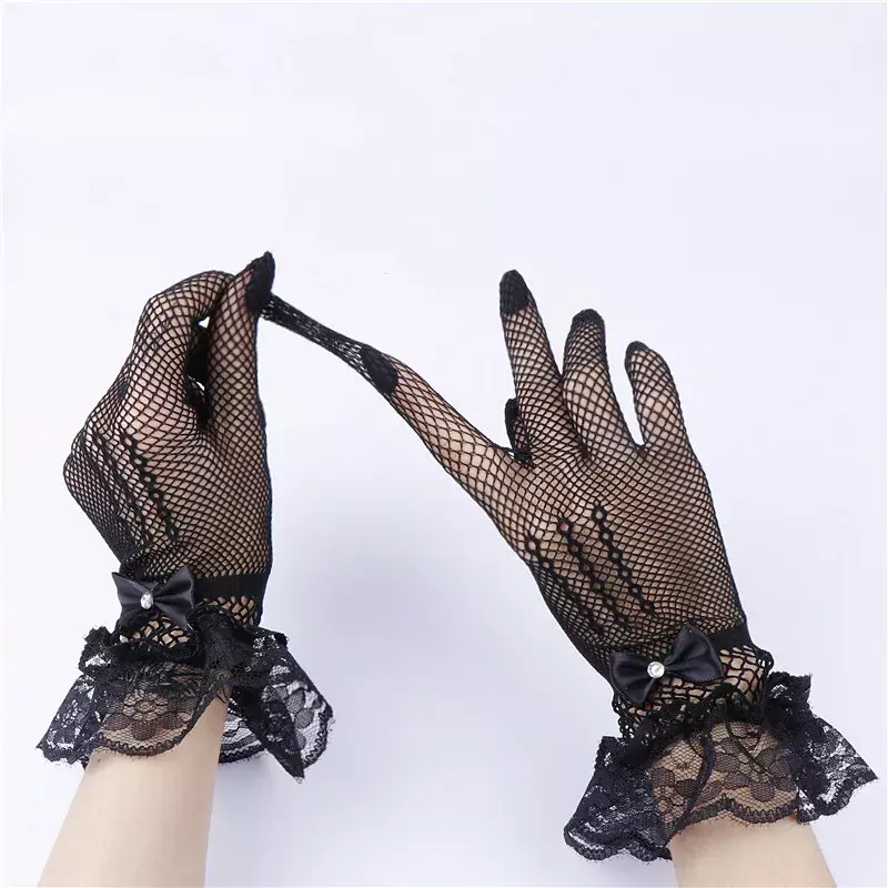 Girls Lolita Lace Hollow Out Gloves Women Ceremony Etiquette Mesh Thin Mittens Gothic Punk Sexy Glove Black White Soft Elastic