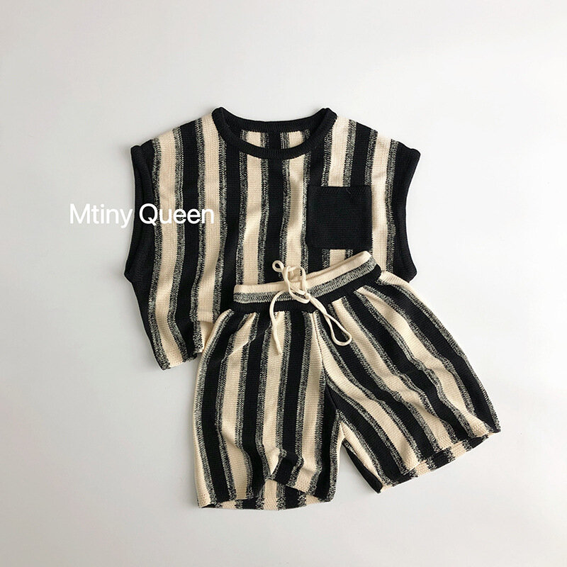 Summer New Children Sleeveless Clothes Set Baby Boy Girl Striped T Shirts + Shorts 2pcs Suit Kids Versatile Knitted Outfits