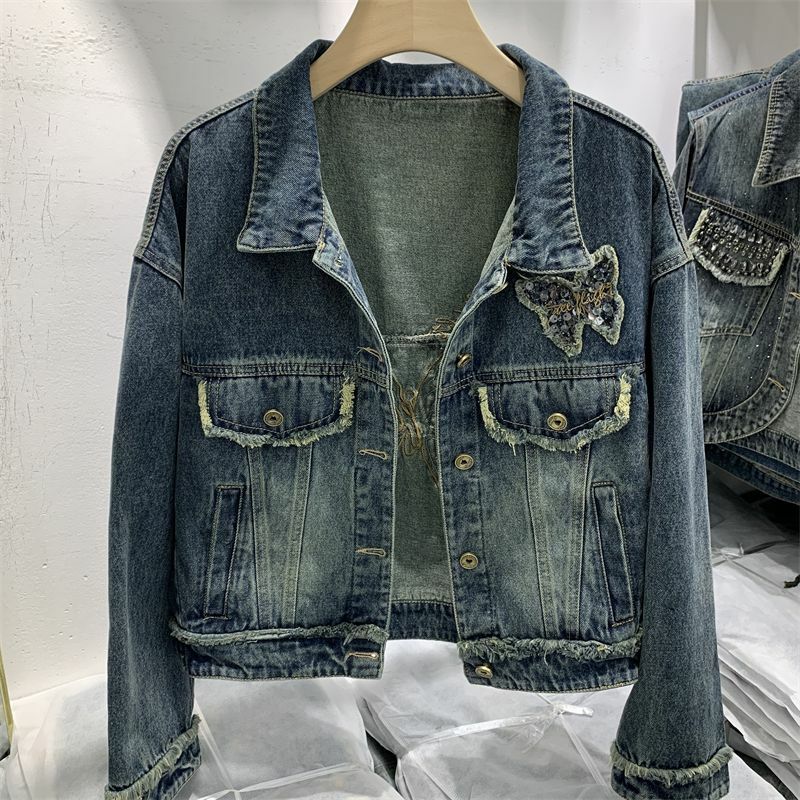 Europea And American Fashion Embroidered Denim Jacket Women's Spring Autumn Design Sense Sequins Raw Edge Splicing Cowgirl Coat