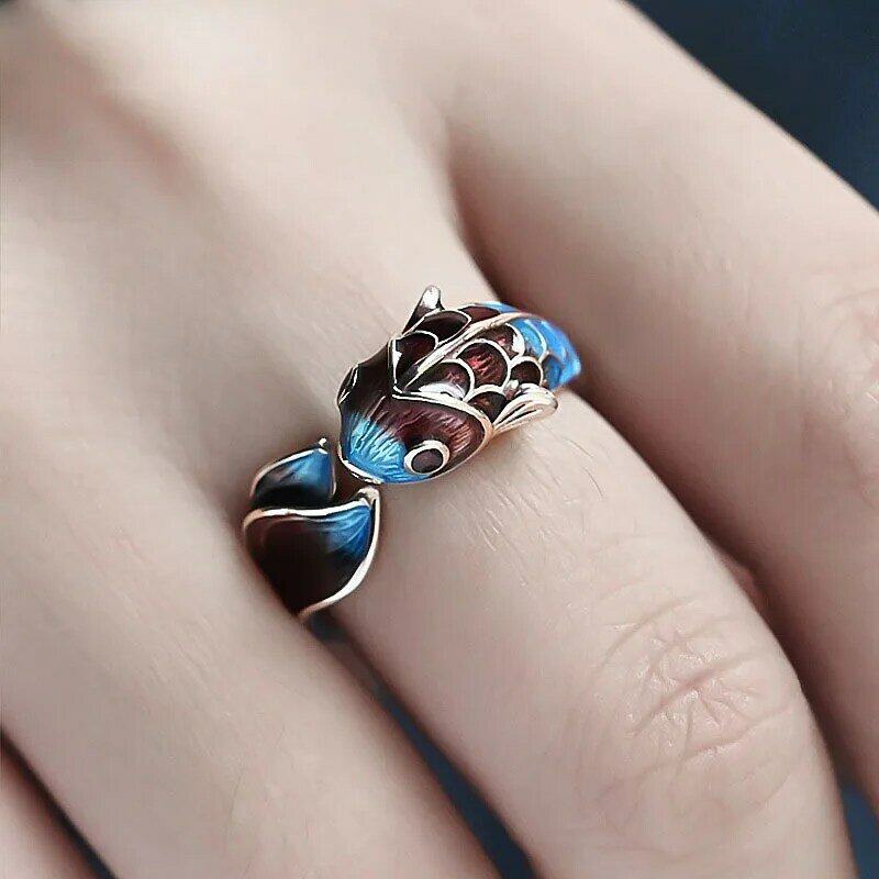 Silver Enamel Color Koi Fish Adjustable Ring Chinese Classical Niche Design Elegant Charm Ladies Brand Jewelry Party Gift