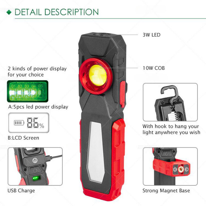 Portable USB Charging with Magnetic COB Working Light Flashlight Inspection Light Handy Torch with Hook Outdoor Camping Lantern