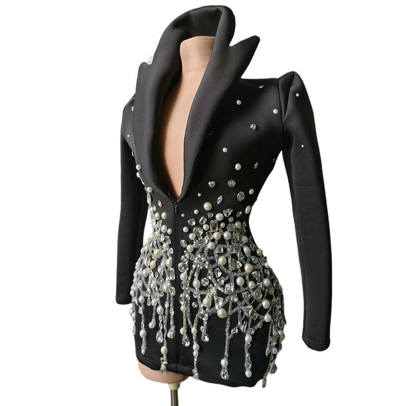 Traje de diamantes de imitación de lujo para mujer, disfraz de bailarina de Jazz, vestido de escenario de fiesta de club nocturno, Mini vestido de cóctel, moda negra