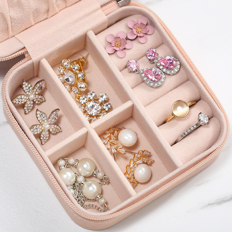 Kotak Perhiasan Mini Tampilan Organizer Perhiasan Travel Kotak Casing Ritsleting Kulit PU Portabel Anting Kalung Cincin Kotak Perhiasan