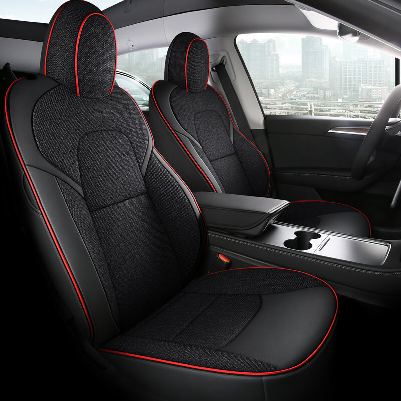 Custom Fit Car Seat Cover Accessories Specific for 5 Seats Tesla Model Y Model 3 Leather and Linen Combined Rear Half Covered