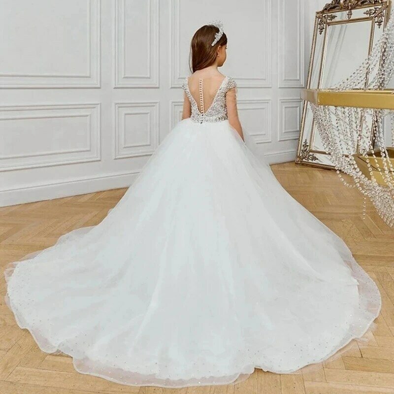 Biały tiul bufiasty błyszczący diament ozdobiony paciorkami dziewczęca sukienka w kwiaty Top cekiny wesele przyjęcie urodzinowe Dres na dziecięca suknia balowa bankiet
