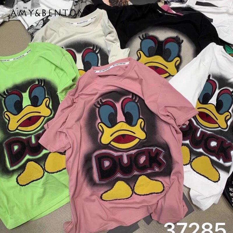Potdemiel-camisetas de algodón con dibujos animados para mujer, ropa holgada de gran tamaño, de manga corta, jersey de verano, 2024