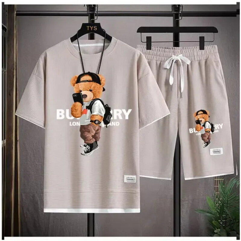 Hip-hopowa letnia odzież uliczna kot graficzny luksusowe krótkie zestawy męskie markowe ubrania ponadgabarytowa koszulka unisex szorty markowy strój plażowy