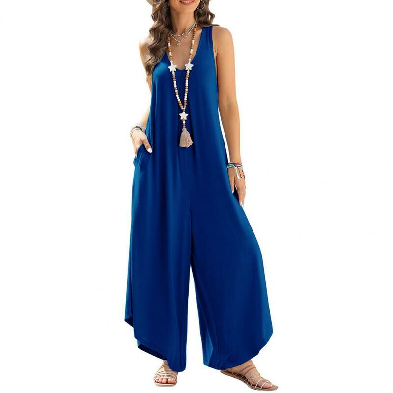 Women Sleeveless Rompers Solid V Neck Wide Leg Deep Crotch Irregular Hem Ankle Length Vacation Long Jumpsuit Casual Overalls