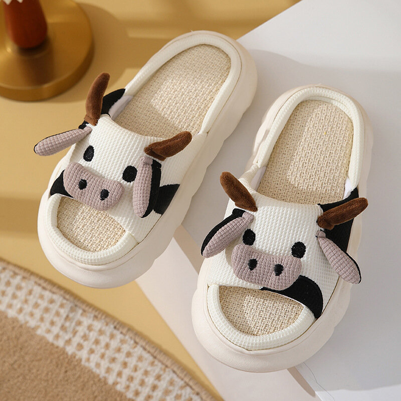 Men's Four Seasons Universal Indoor Home Cotton Hemp Cool Slippers Cute Cartoon Little Cow Linen Slippers Anti slip Couple