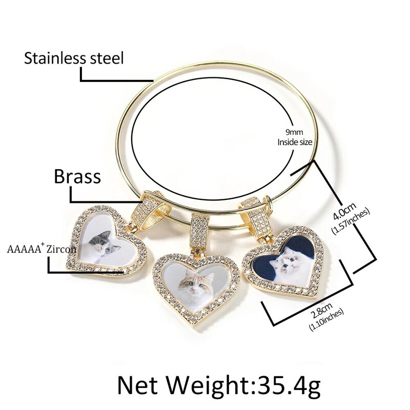 TBTK-Bracelet manchette en acier inoxydable, pendentif photo en forme de cœur, bracelet mémoire, glacé, cubique, contre-indiqué, cadeau pour amoureux de la famille