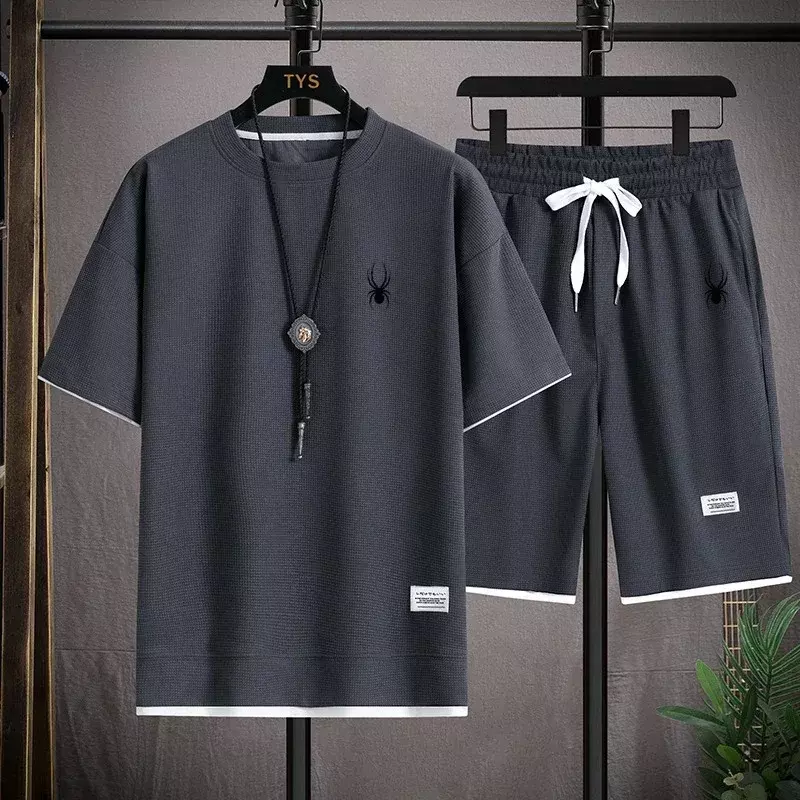 2024 летний модный мужской костюм Корейская Спортивная одежда футболка с коротким рукавом + спортивные шорты костюм для бега повседневная мужская одежда