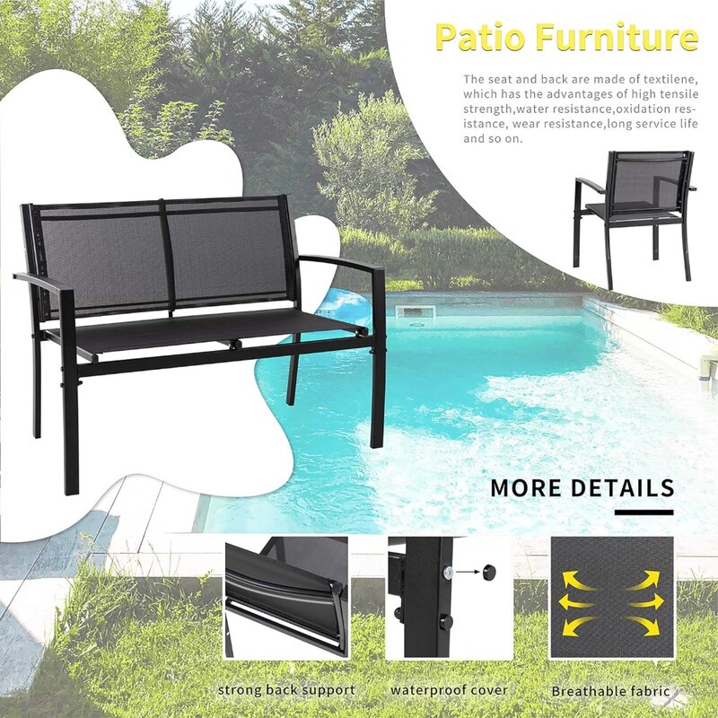 Loveseat-silla plegable portátil para césped, 2 sillas individuales para el jardín del hogar con mesa de centro de vidrio, porche (negro), muebles de exterior