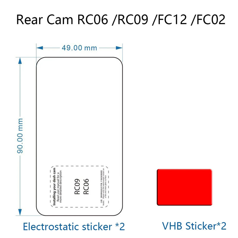 Filme e adesivos estáticos para 70mai câmera traseira, suporte, RC06, RC09, FC12, FC02