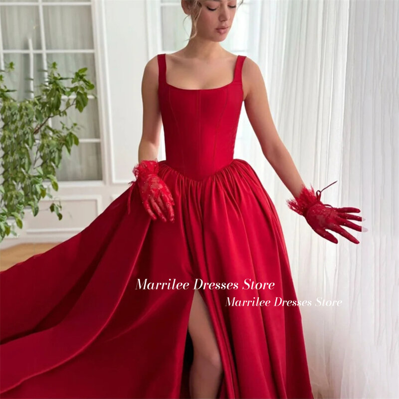 Marrilee-赤いスパゲッティストラップハイサイドサイドスリットステインイブニングドレス、スクエアネック、バックレス、レースアップ、ノースリーブ、床の長さのプロムガウン