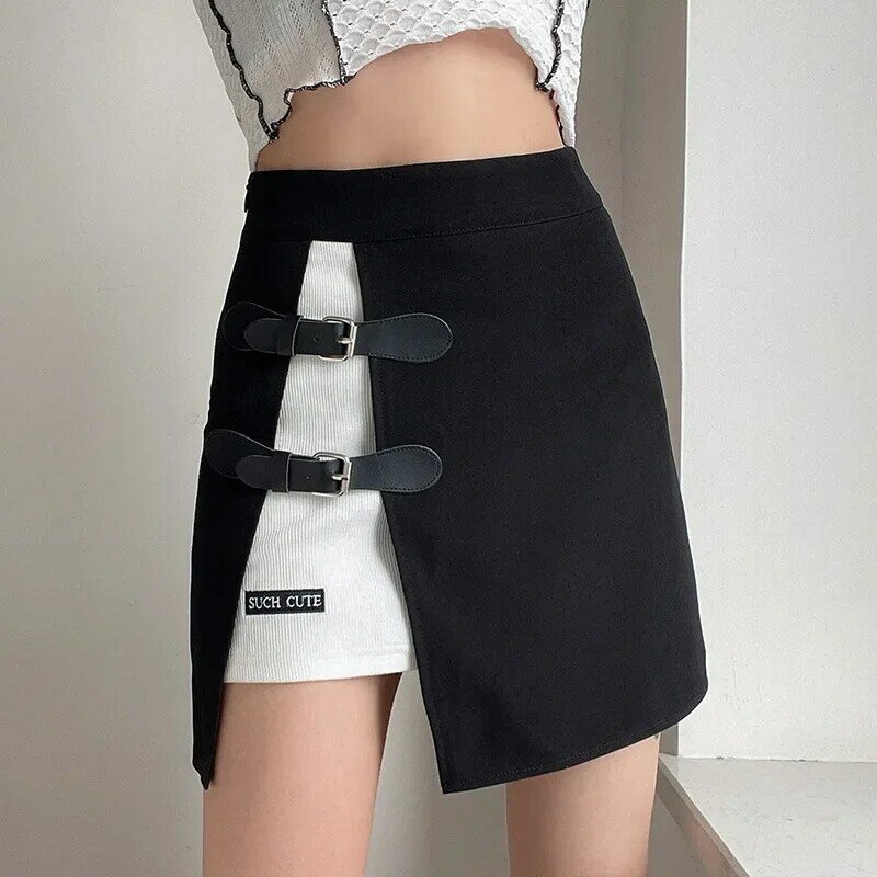Women Embroidery High Waist A-line Skirts Female Harajuku Fashion Goth Y2k Hollow Out Patchwork Letters Skirts Leather Buckle