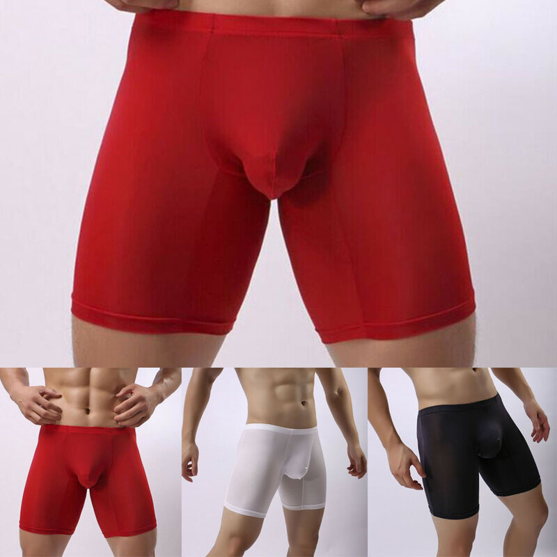 Celana dalam seksi pria, pakaian dalam Boxer jala transparan tembus pandang ramping elastis ultra tipis olahraga erotis nyaman