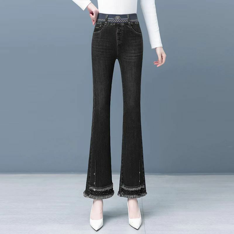 Korean Fashion Women Slim Micro Flared Jeans Spring Autumn New Streetwear Female Office Lady Casual Elastic Waist Denim Pants