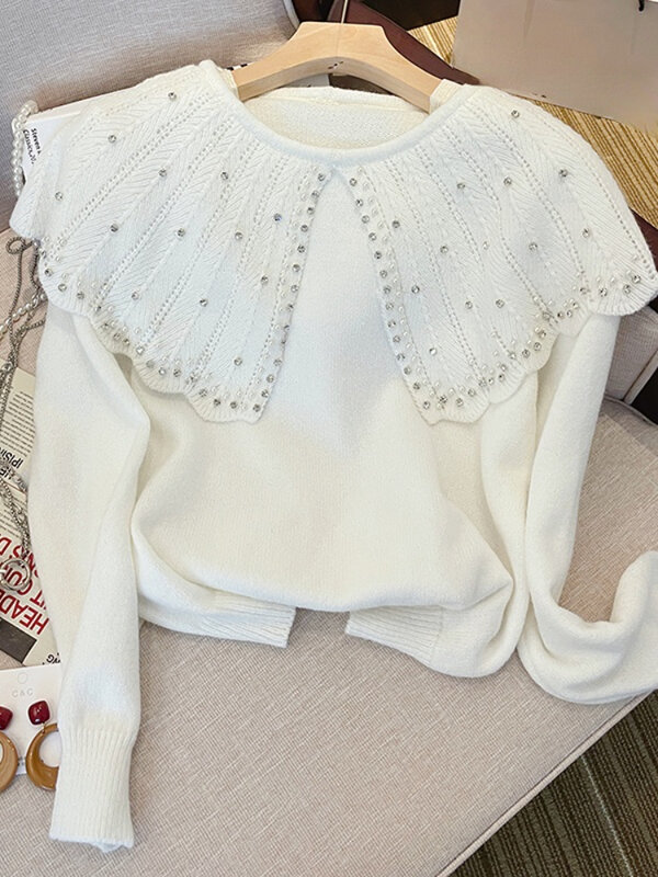 Белый вязаный женский свитер с бусинами, Осенний тонкий пуловер с длинными рукавами, элегантная женская верхняя одежда, топы