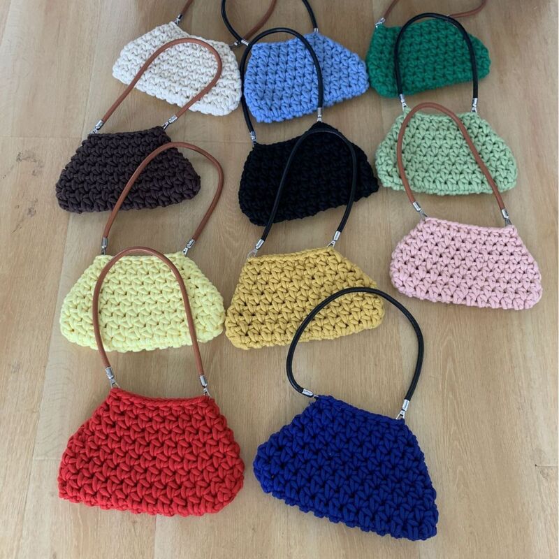 Sacos tecidos artesanais para mulheres Bolsa de ombro de crochê Cor doce Bolsa de tricô de corda Bolsa de axila pequena, moda, 2024