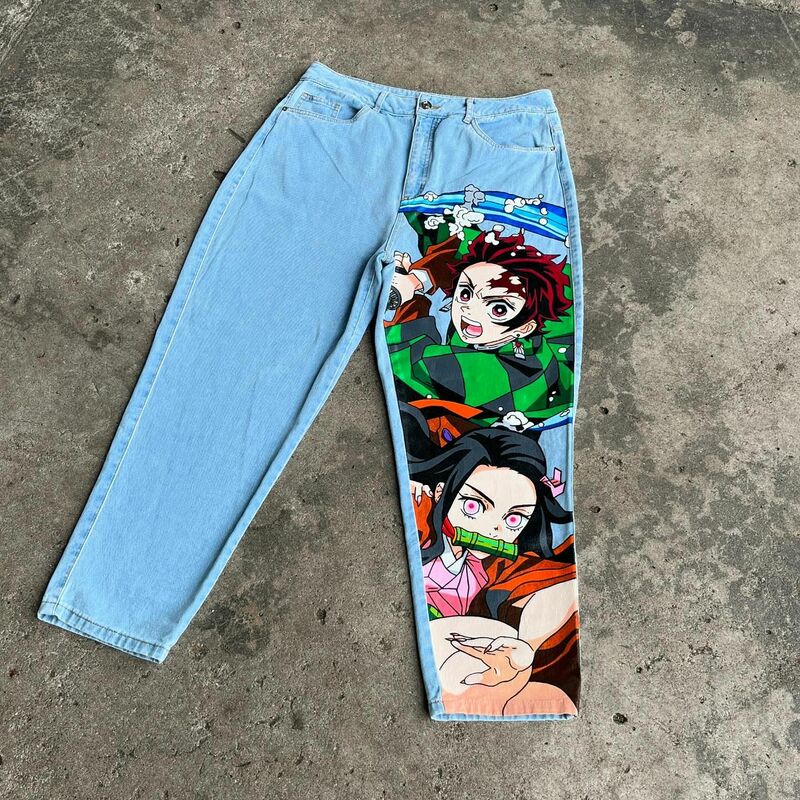 Jeans Anime de perna larga masculino, moda streetwear skate, jeans Y2K, calça de casal de cintura alta estilo Harajuku, nova