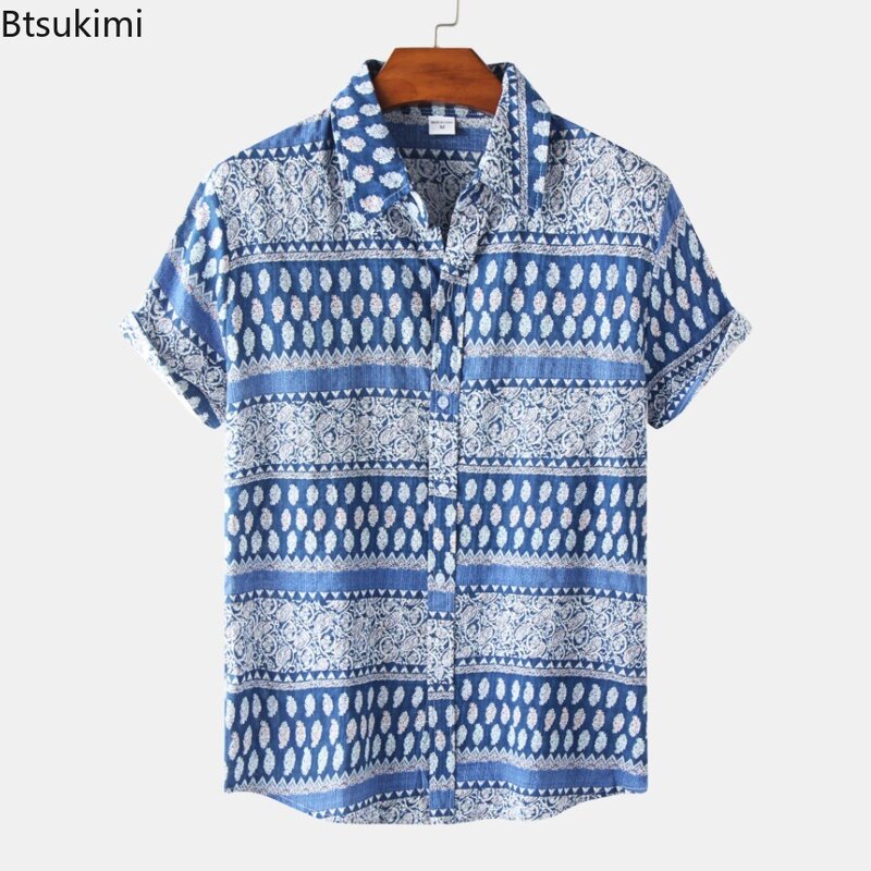 Summer Men's Casual Short Sleeve Shirts Fashion Striped Print Lapel Blouse Men Breathable Hawaiian Shirt Contrast Color T-shirts
