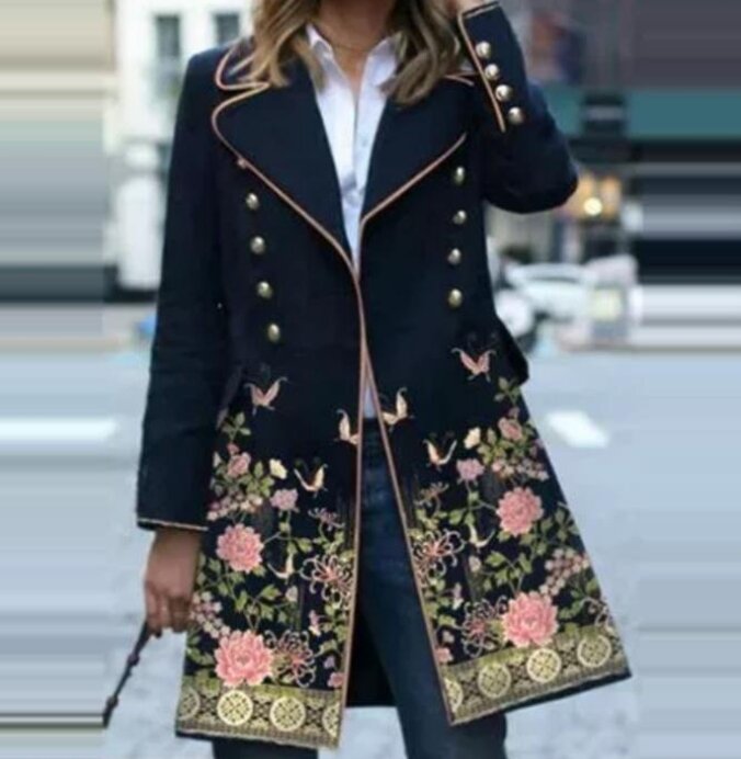 女性の花柄のトレンチコート,長い透かし彫りの襟,長袖,気質のコート,カジュアルなストリートウェア,ボタンデザイン,秋のファッション