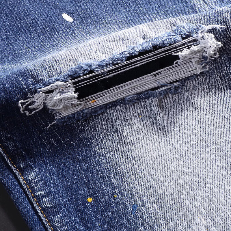 High Street Fashion pria Jeans Retro dicuci biru elastis peregangan Skinny Fit robek Jeans Pria dilukis desainer Vintage Denim celana