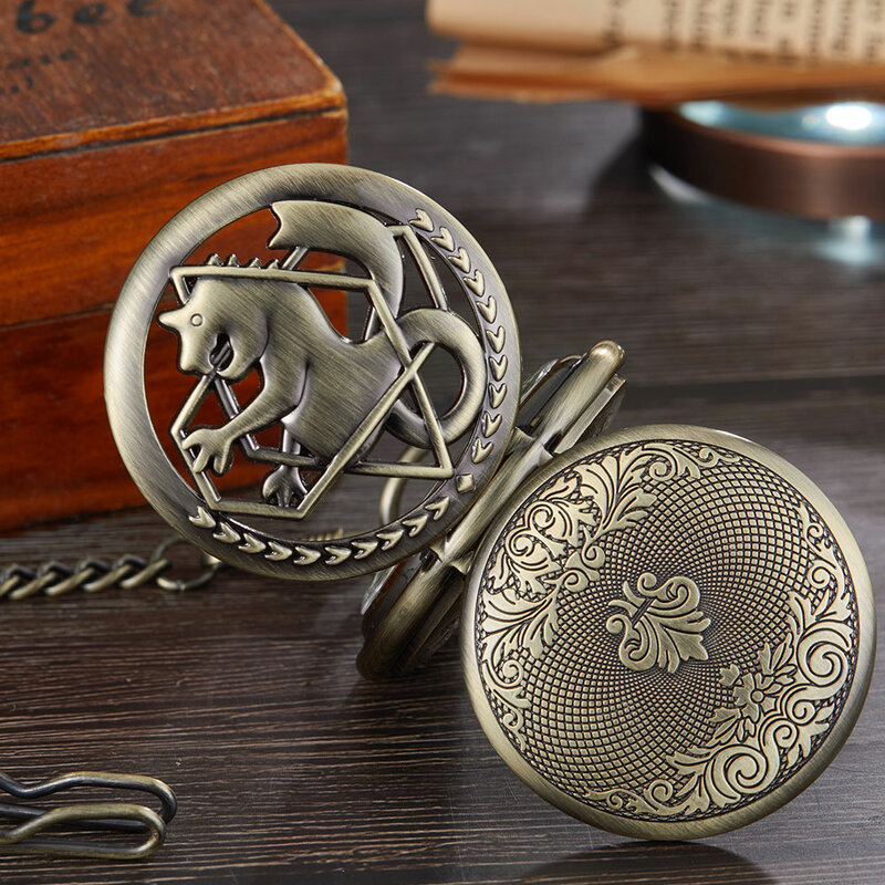 Odcień brązu Fullmetal alchemik zegarek kieszonkowy męski damski Cosplay Edward Elric zegar breloczek mechaniczny zegarek kieszonkowy