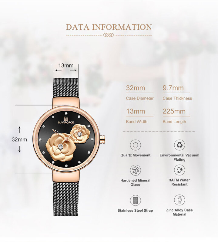 Luksusowa marka NAVIFORCE zegarek damski moda kreatywny 3D Rose kobiety biznes zegarki wodoodporny zegar Relogio Feminino 2019