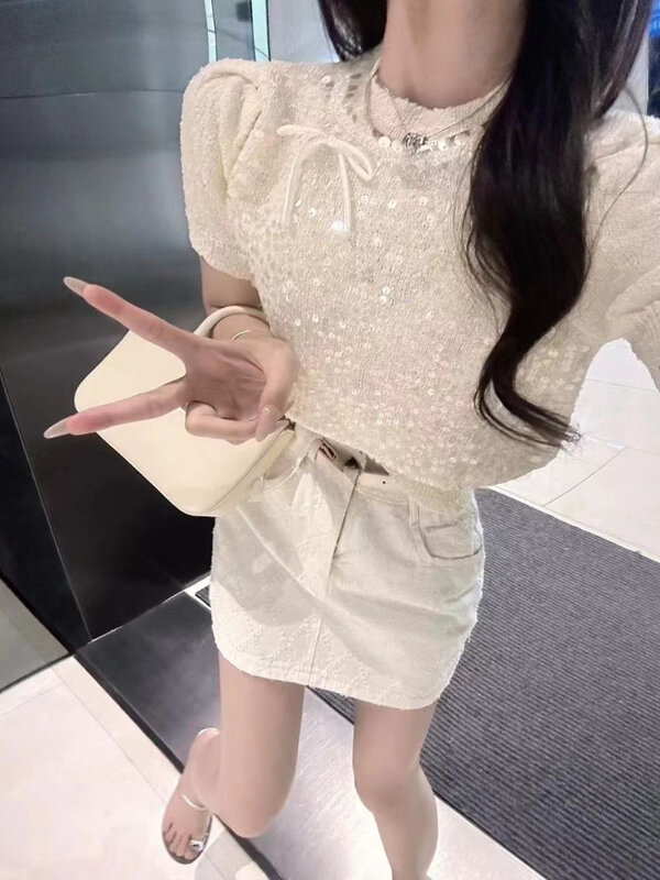 Temperament süße Pailletten Strick hemd Top Frauen sanfte Schleife Spleiß O-Ausschnitt elastische schlanke koreanische Mode Sommer weibliche schicke Kleidung